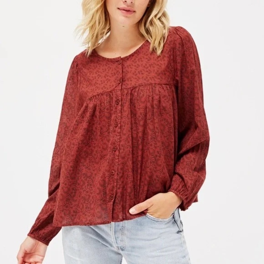 LACAUSA Burgundy Babydoll Blouse XL Long Sleeve Button Front Flowy Peasant Top
